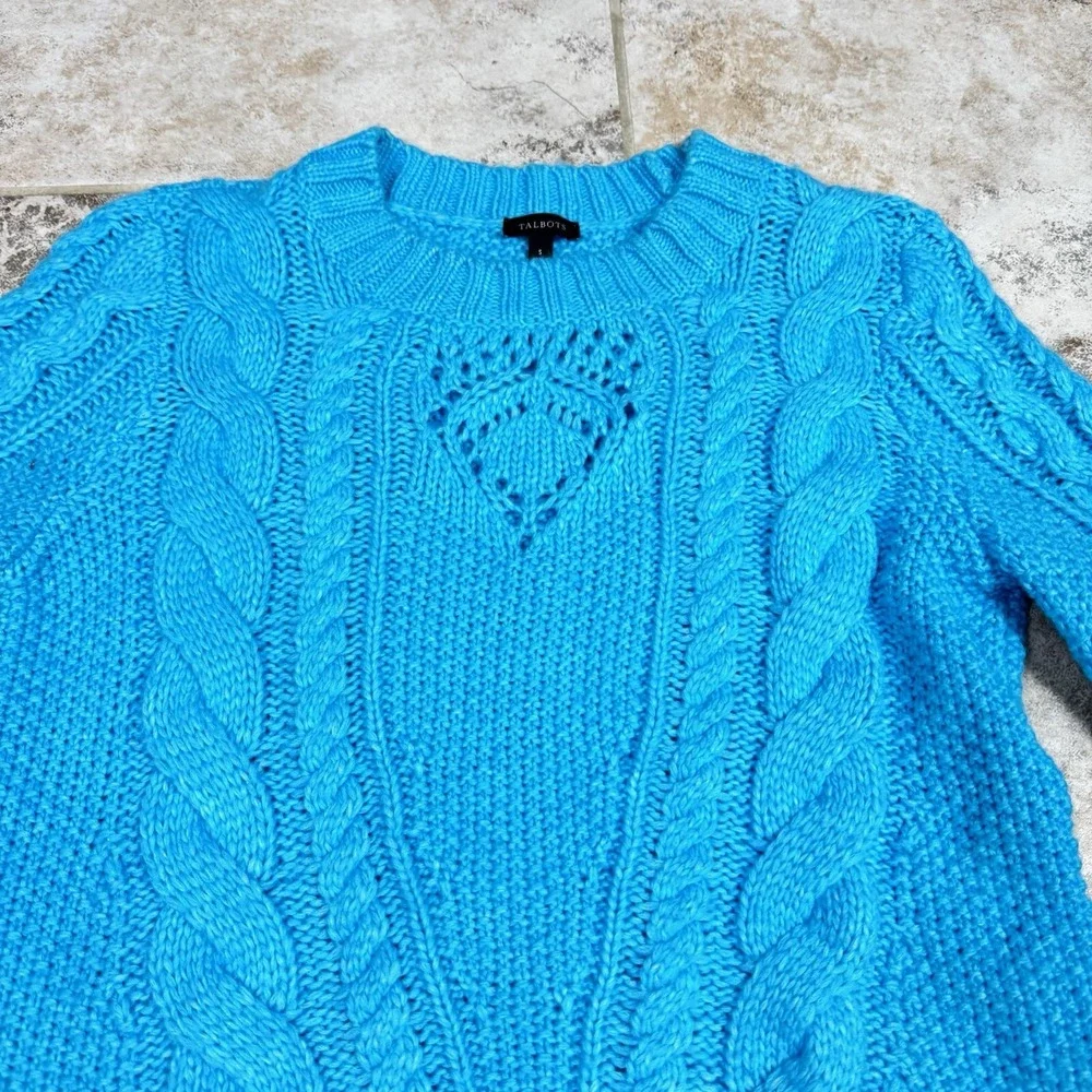 Talbots Sweater Women's‎ Small Blue Cable Knit Soft Light Wool Blend Grandma